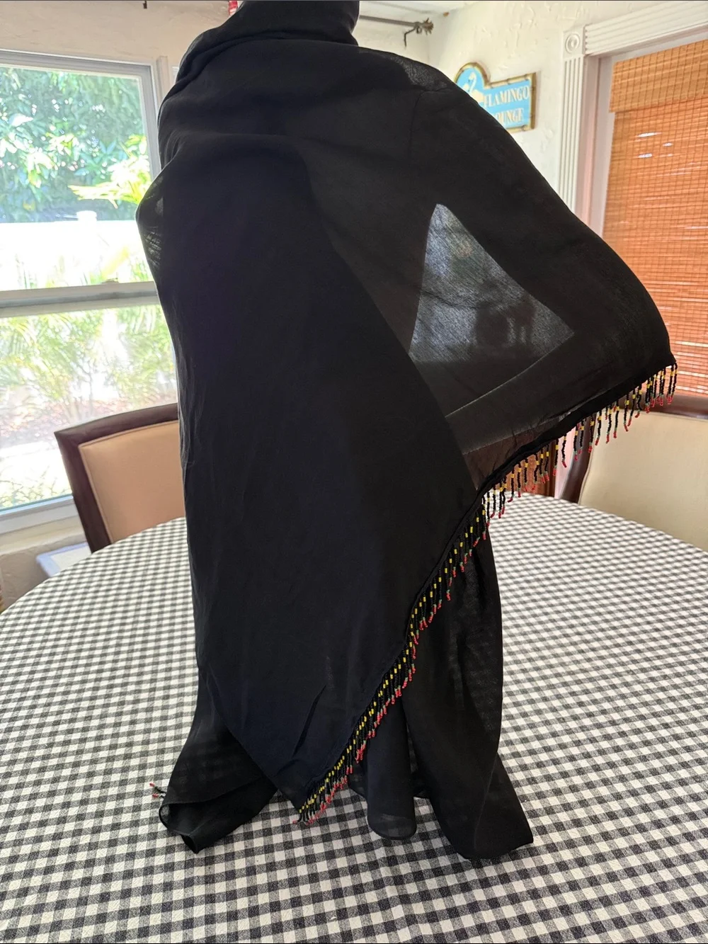 Black Lightweight Fringe-Trim Shawl with Multicolor Bead Detail